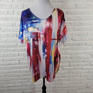 Fourth of July Women Top XXL Plus Tee Short Sleeve Blue Red Watercolor WAT1E
